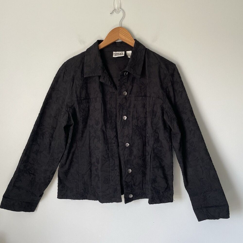 Chico's Design Vintage Button Up Top Shirt Jacket Embroidered Black Size Medium